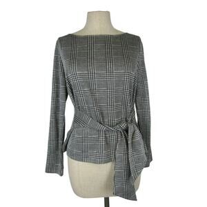 22 Octobre Women's Gray Long Sleeve Boat Neck Belted Plaid Blouse Size 38